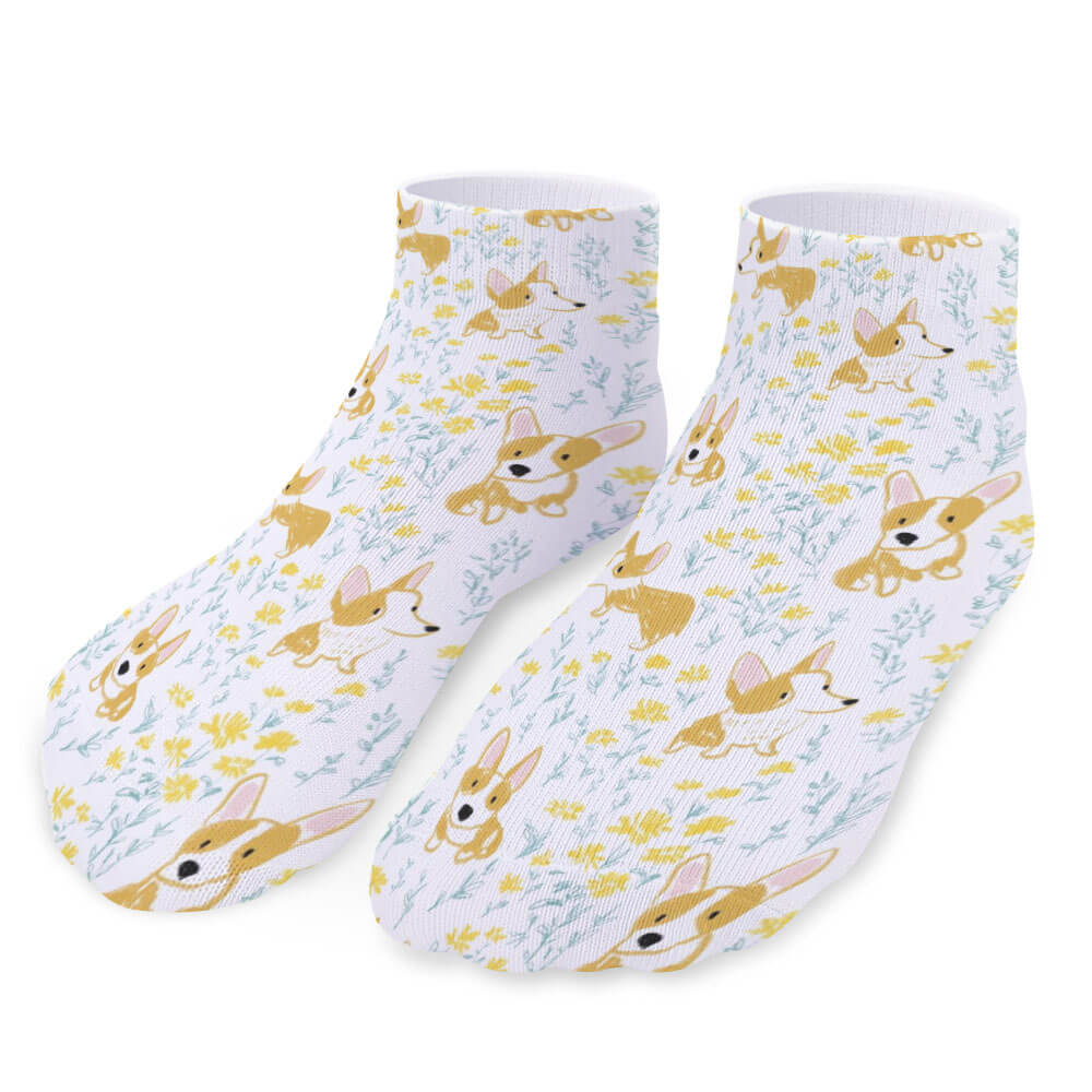 Funky Corgi Floral Print Ankle Socks