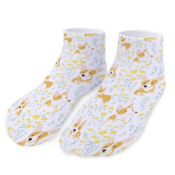 Funky Corgi Floral Print Ankle Socks